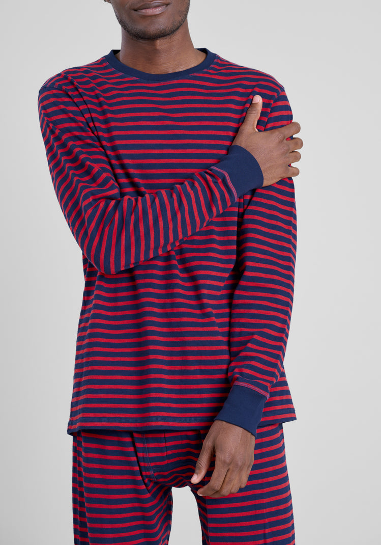 Keith Lounge Set in Navy and Red Stripe Slub Jersey